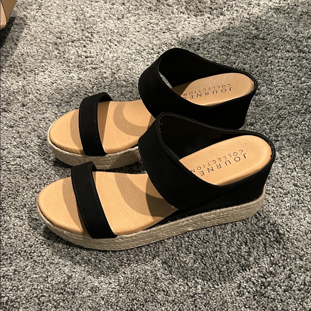 Journee Collection Black Wedge Slide Sandals with Tan Footbed
